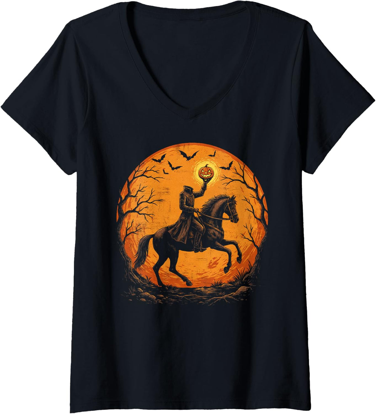 Women's Moonlit Halloween Horse Rider Pumpkin Bats V-Neck T-Shirt - Black