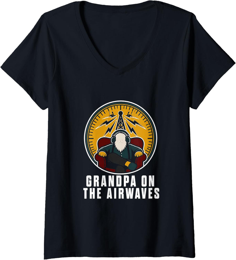 Women's Amateur Radio Grandpa Vintage Retro Ham Operator Signal. V-Neck T-Shirt - Black