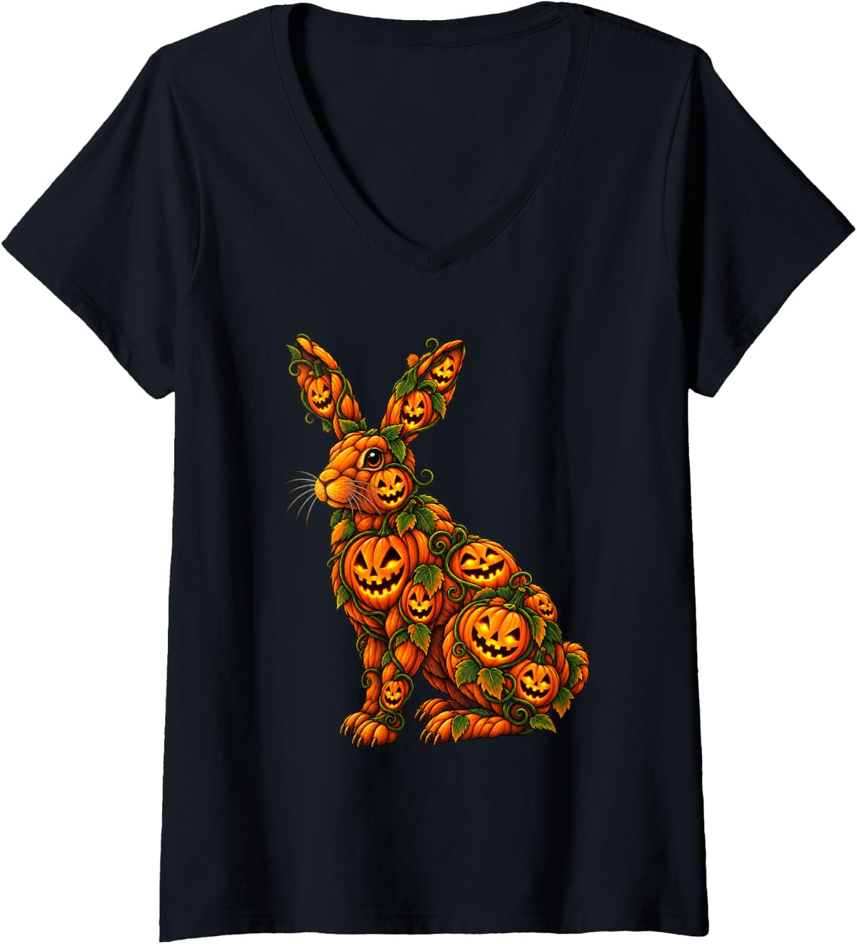 Women's Rabbit Bunny Funny Jack O Lantern Pumpkin Halloween V-Neck T-Shirt - Black