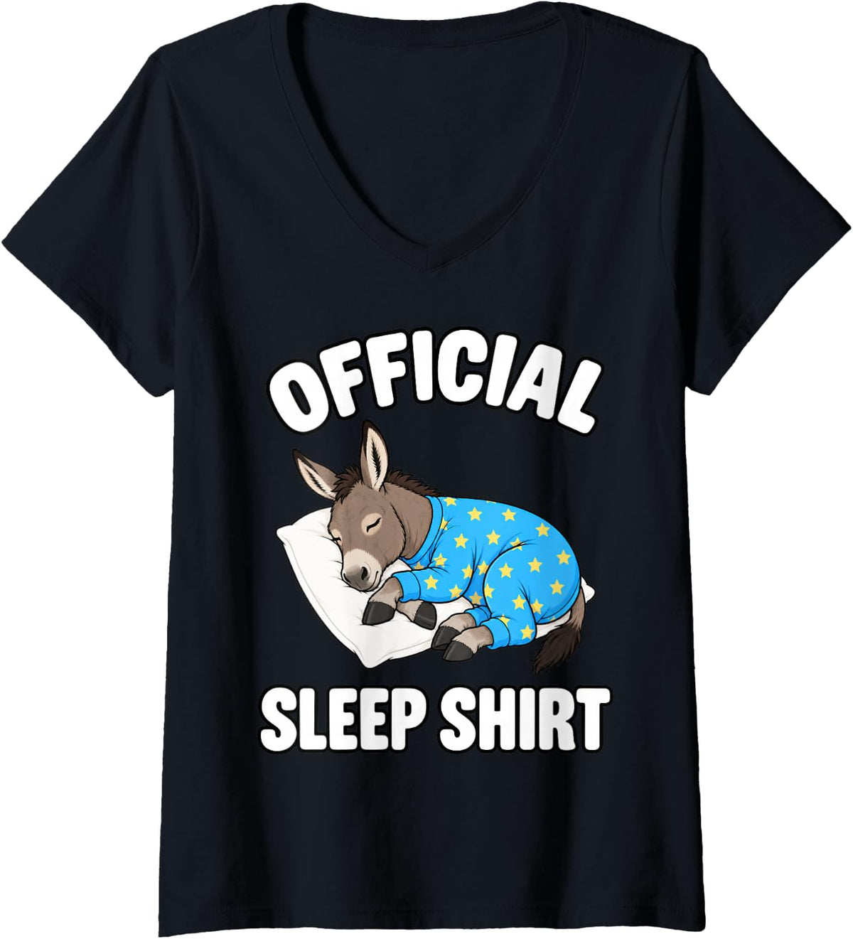 Women's Donkey Sleeping in Pajamas Official Sleepshirt Cute V-Neck T-Shirt - Black