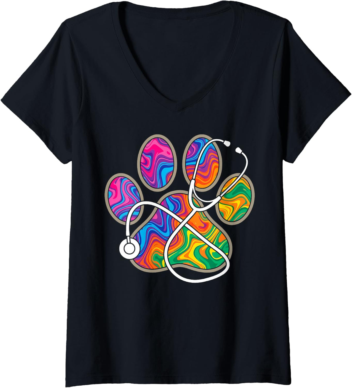Women's Colorful Paw Prints Stethoscope Veterinarian Vet Tech V-Neck T-Shirt - Black