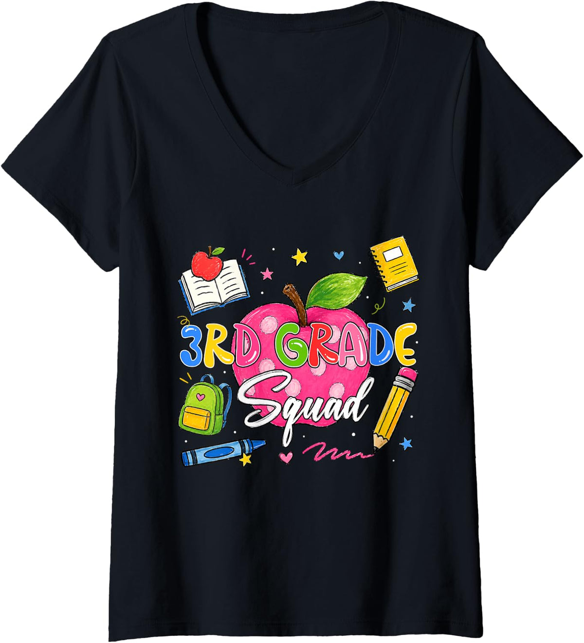 Women's Third Grade Cute Apple First Day of School Girl Kid Teacher V-Neck T-Shirt - Black