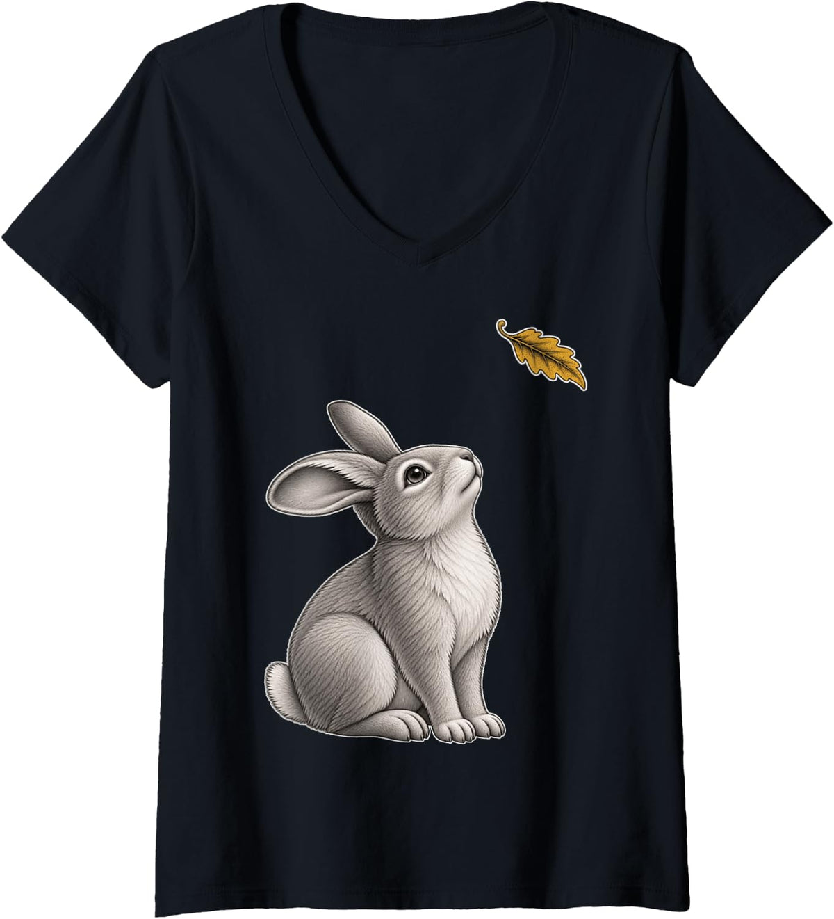 Women's Cute Rabbit Lover Autumn Leaf V-Neck T-Shirt - Black