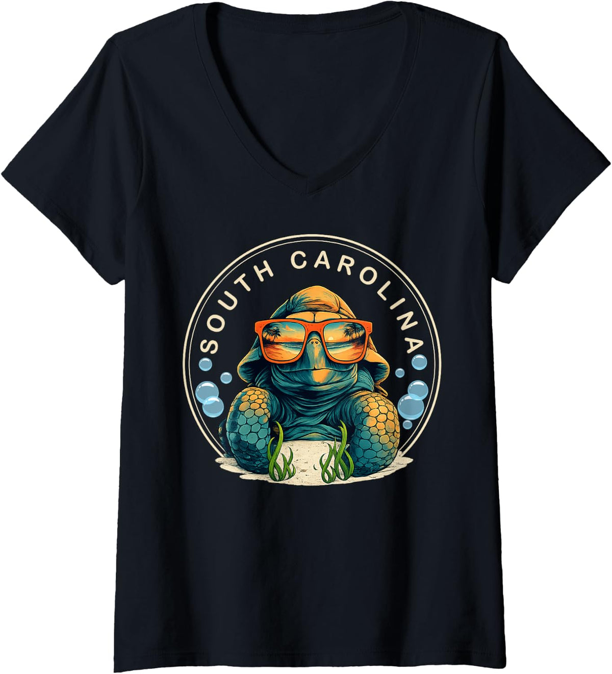 Women's Sea Turtle Lovers South Carolina Beach Summer Vacation V-Neck T-Shirt - Black