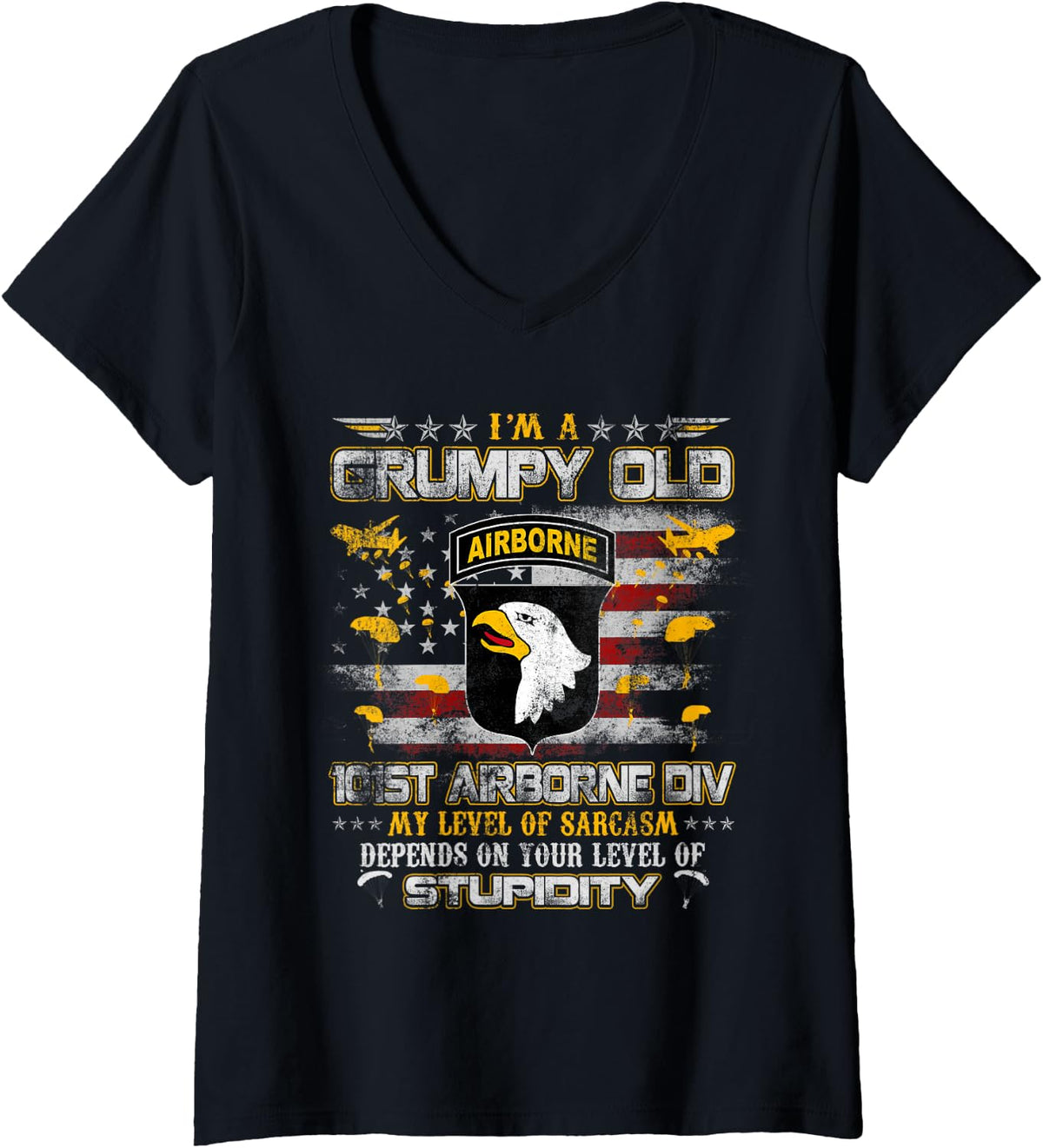 Women's I'm A Grumpy Old 101st Airborne Division Paratrooper Veteran V-Neck T-Shirt - Black