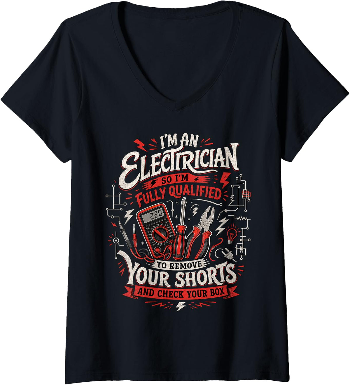 Women's I'm an Electrician Featuring Tools and Circuit Diagrams V-Neck T-Shirt - Black