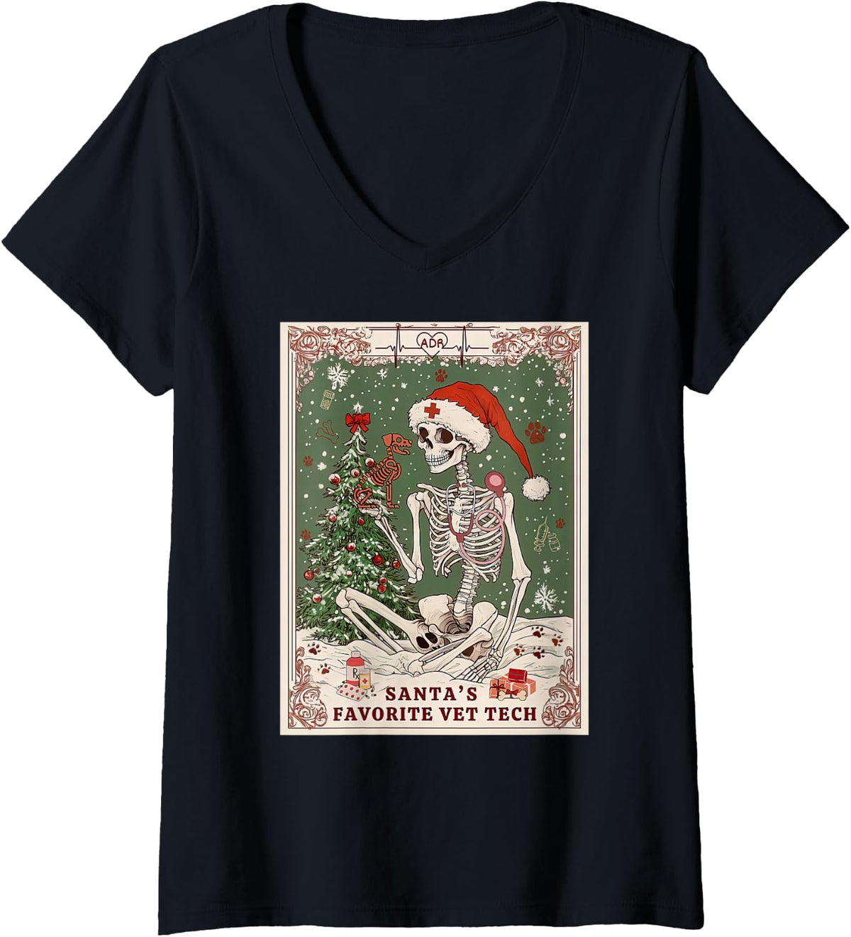 Women's Veterinary Medicine Christmas Skeleton Tarot Card Vet Tech V-Neck T-Shirt - Black