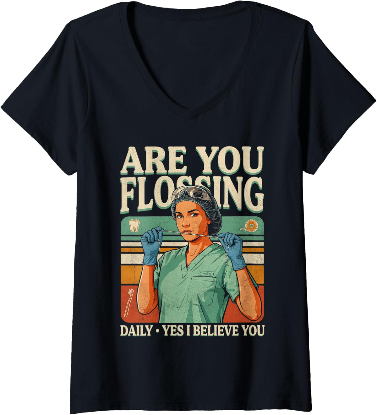 Women's are You Flossing Daily Dental Hygienist V-Neck T-Shirt - Black