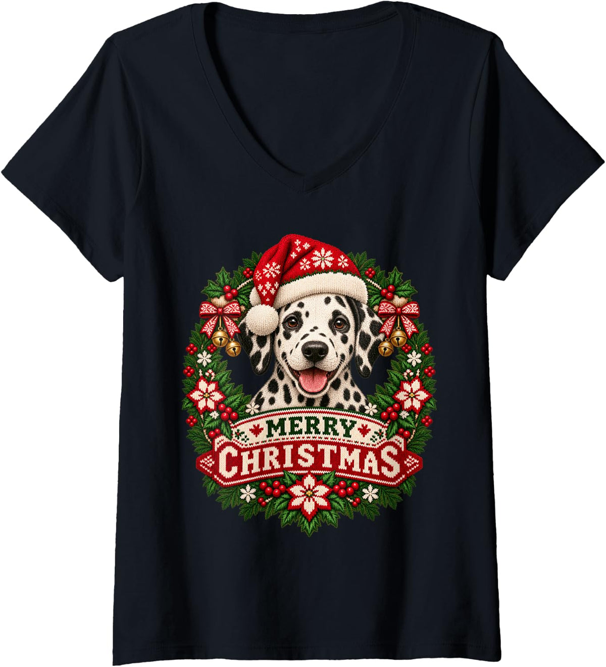 Women's Merry Christmas Dalmatian Happy Santa Hat Snowflake V-Neck T-Shirt - Black