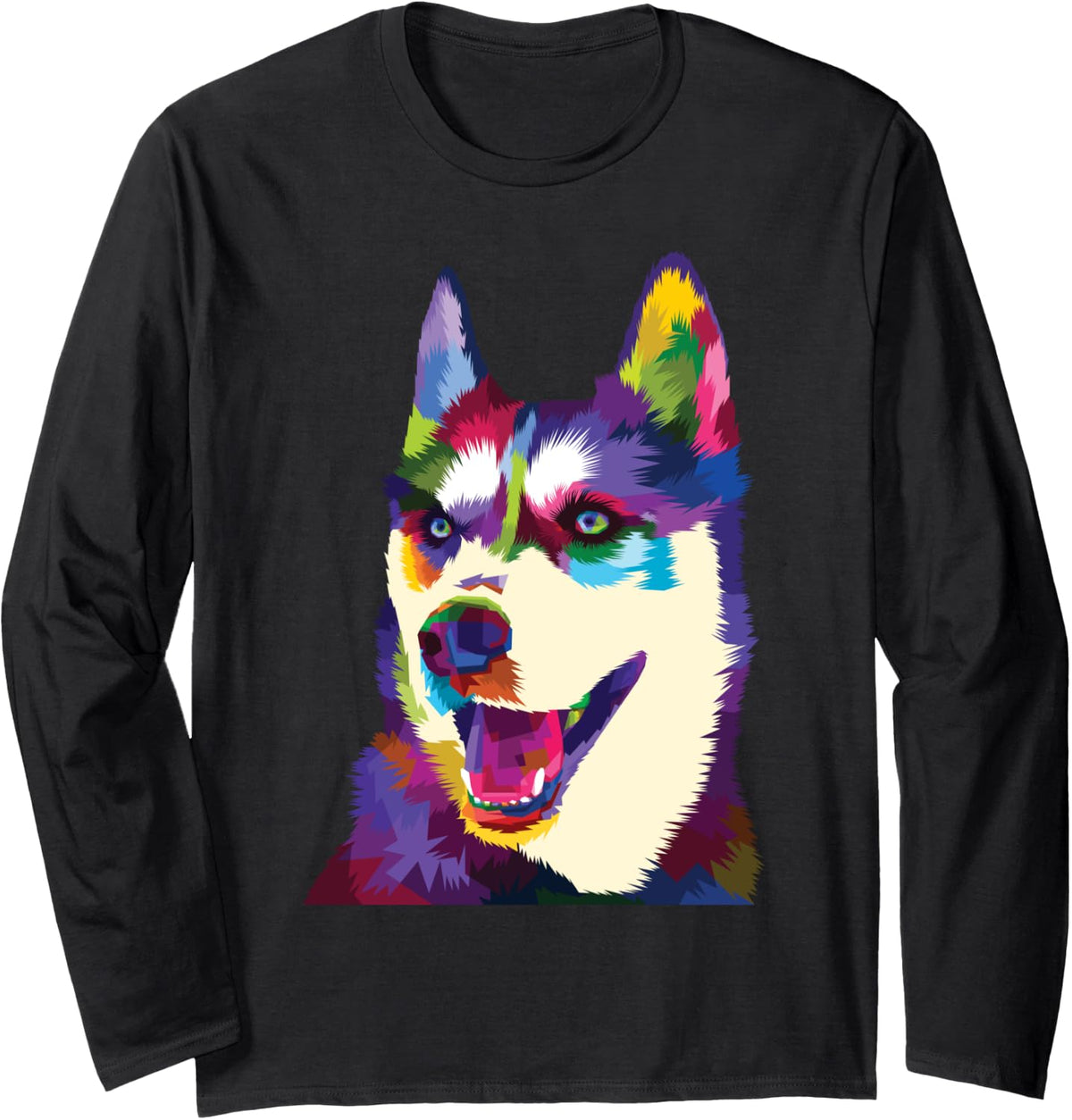 Colorful Dog Rainbow Siberian Husky Puppy Vibrant Dog Long Sleeve T-Shirt - Adult Unisex Black
