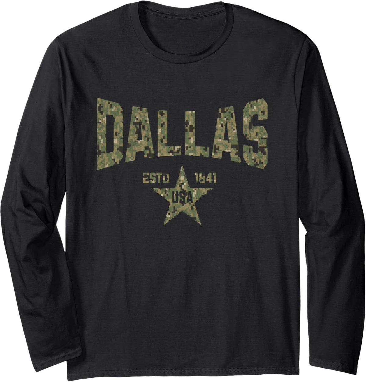 Camo Souvenir USA Star Dallas Texas Long Sleeve T-Shirt - Adult Unisex Black