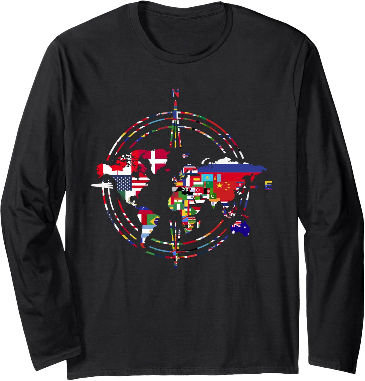 Traveler Country Flags Compass Globe Traveling World Map Long Sleeve T-Shirt - Adult Unisex Black