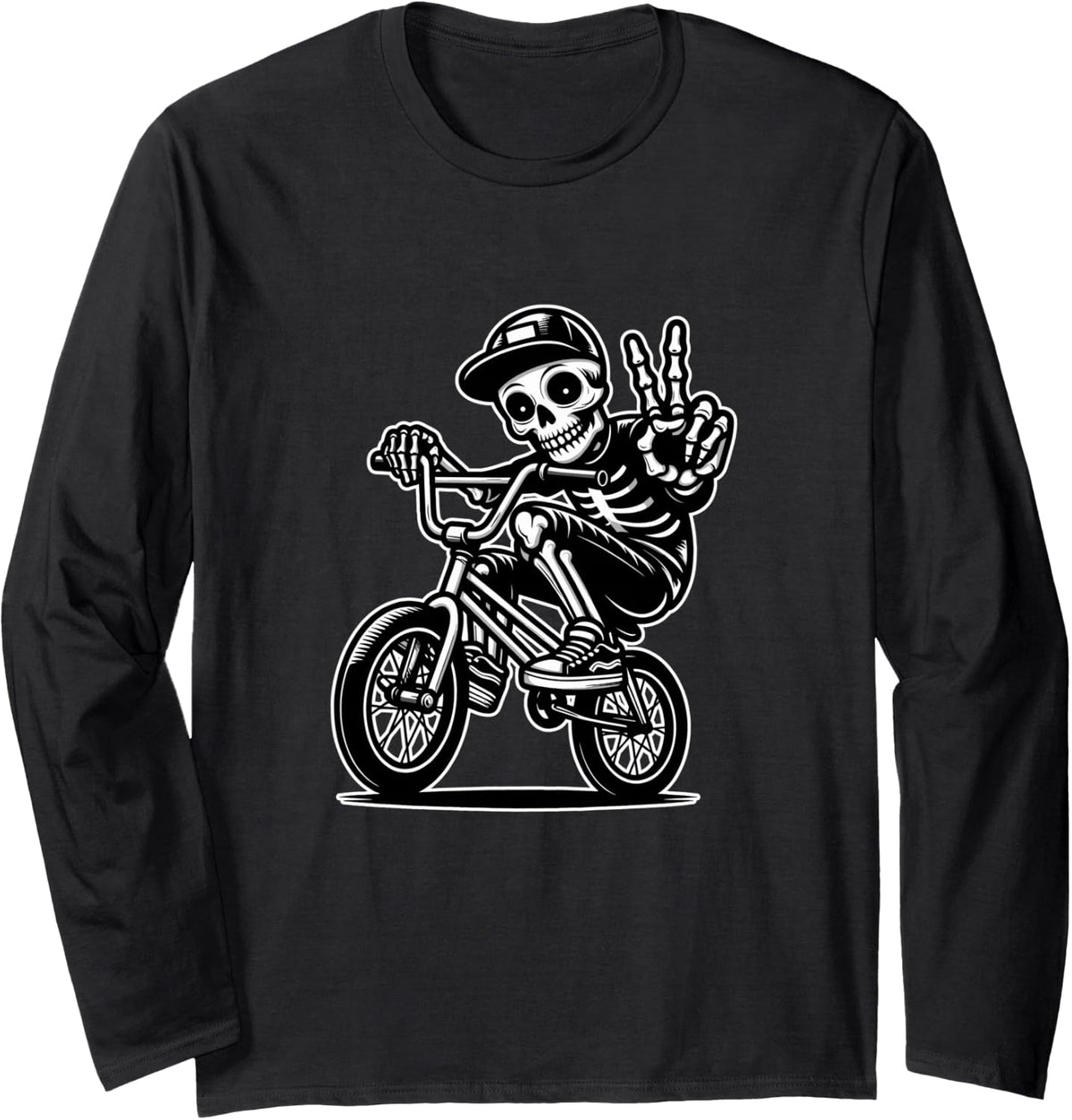 Funny Peace Skeleton BMX Rider BMX Bike Boy Long Sleeve T-Shirt - Adult Unisex Black