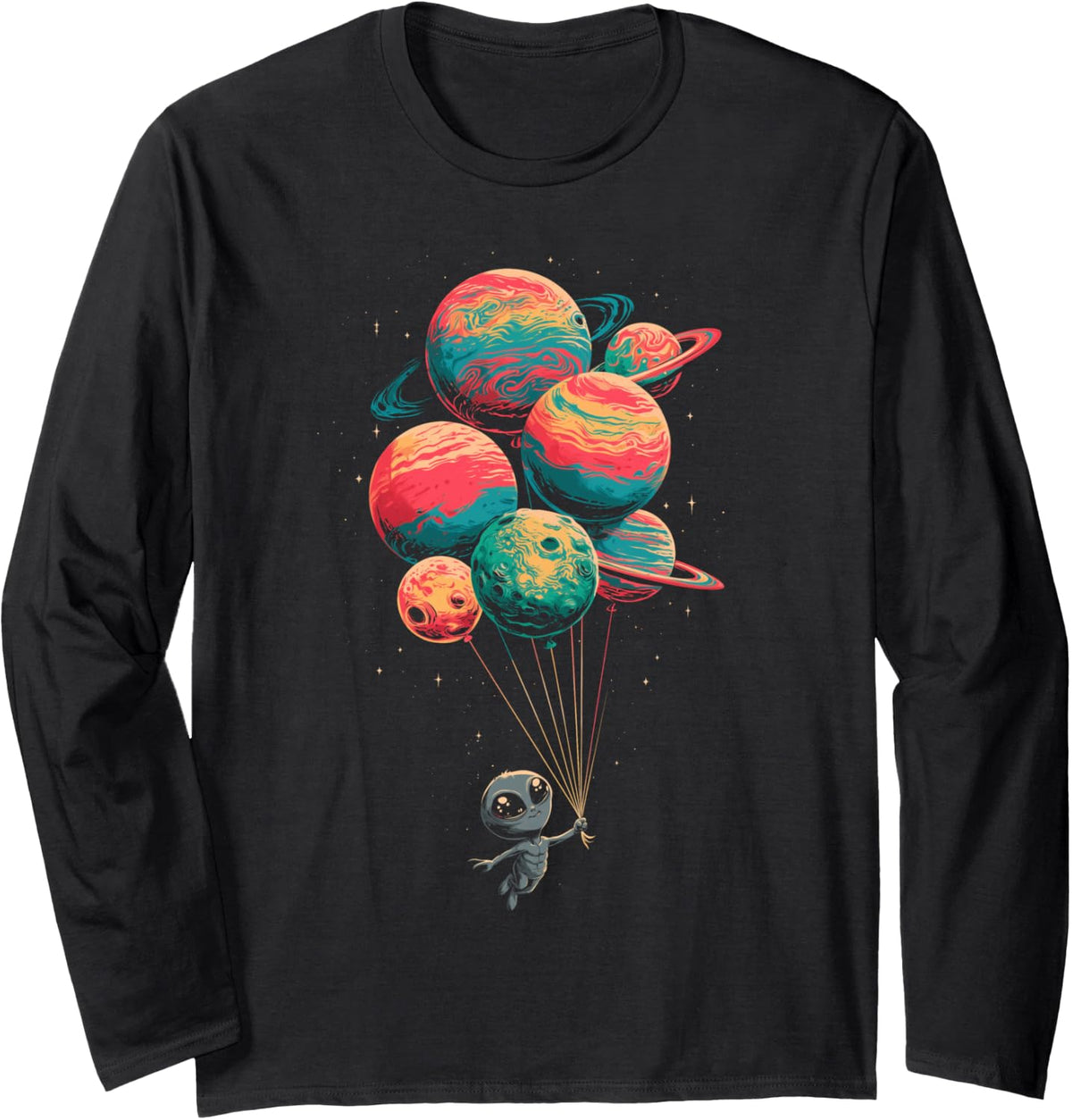 Funny Little Alien Floating in Space Holding Planet Balloons Long Sleeve T-Shirt - Adult Unisex Black