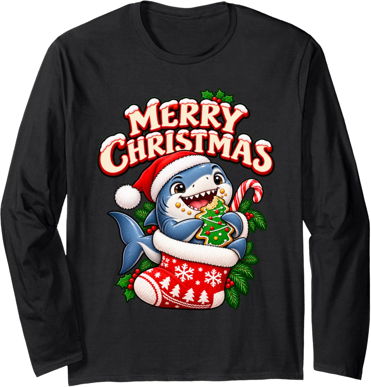 Merry Christmas Happy Shark Cute Stocking Funny Long Sleeve T-Shirt - Adult Unisex Black