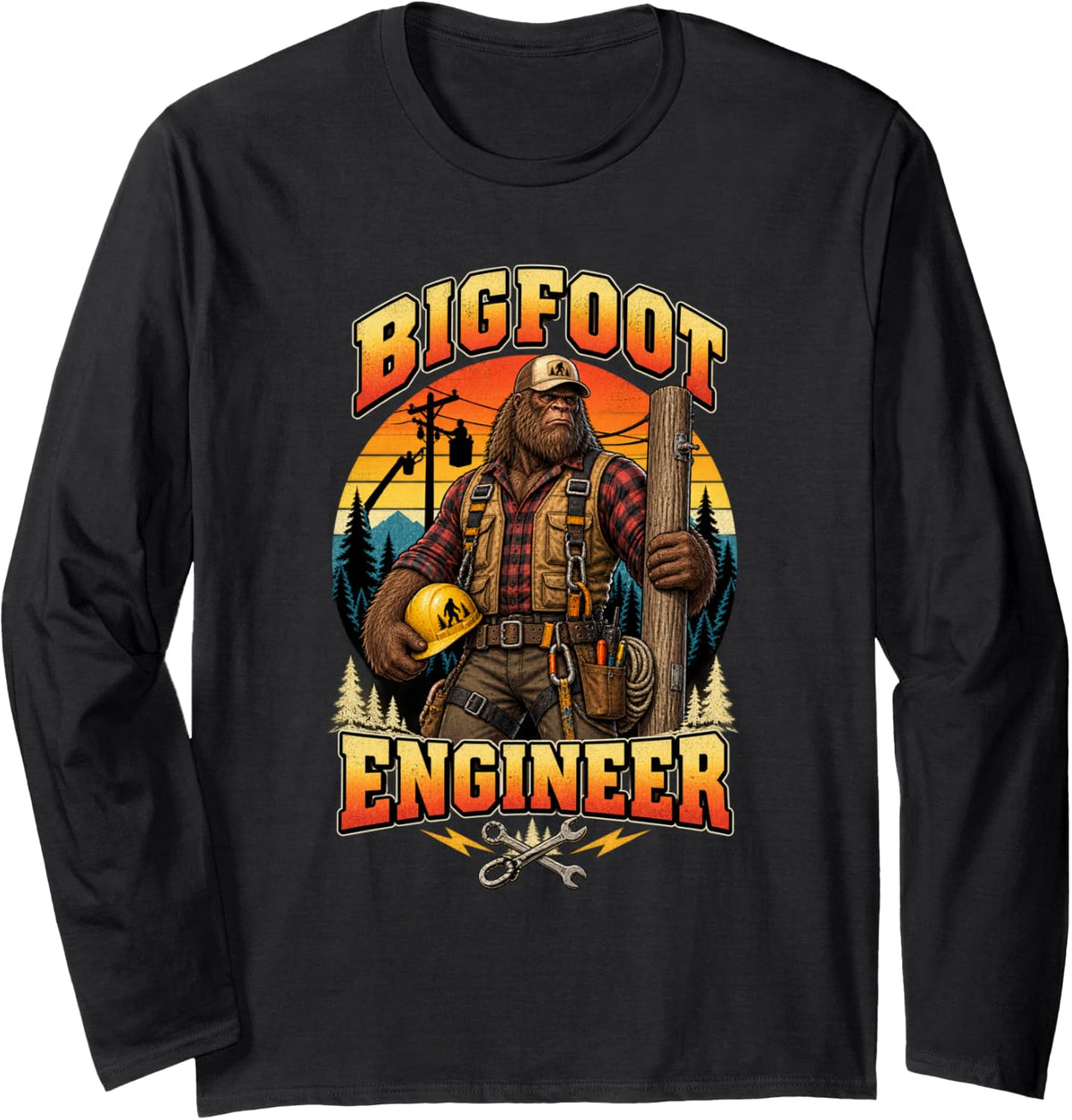 Bigfoot Engineer Funny Sasquatch Power Lineman Electrician Long Sleeve T-Shirt - Adult Unisex Black