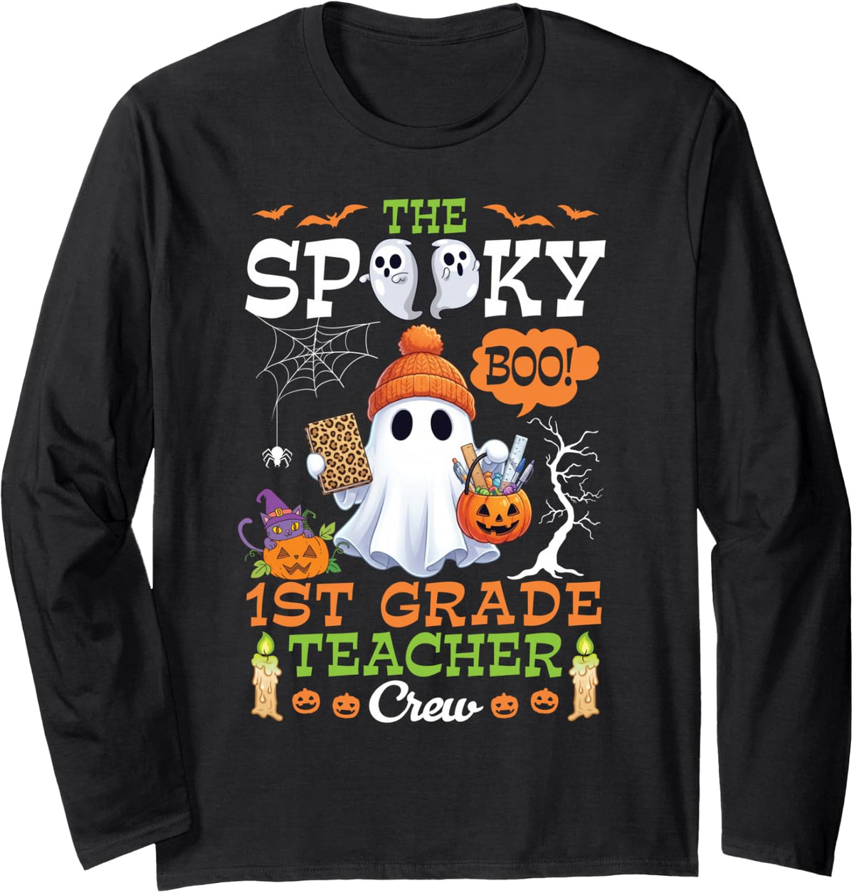 The Spooky Boo 1st Grade Teacher Crew Halloween Cute Ghost Long Sleeve T-Shirt - Adult Unisex Black