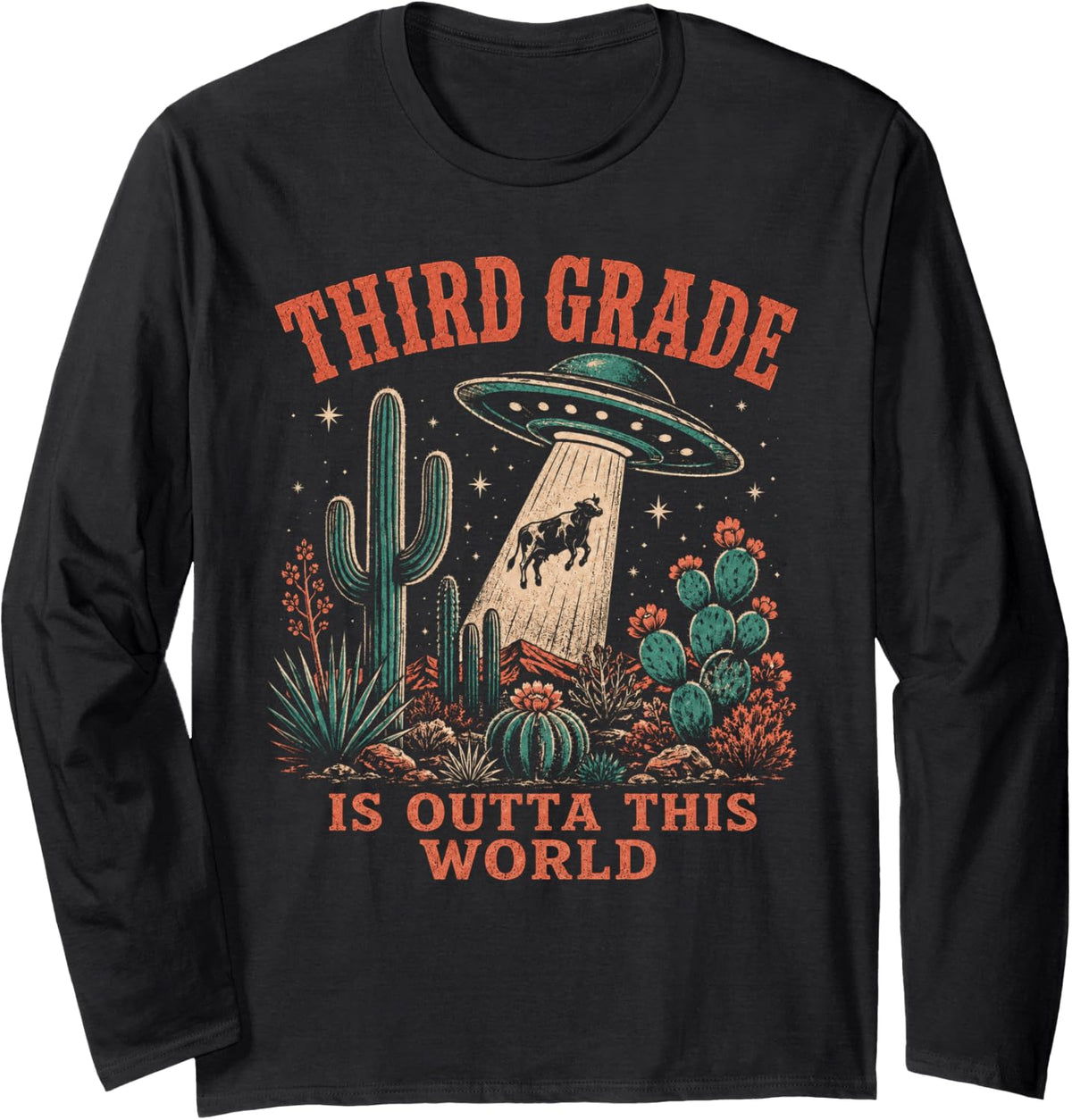 3rd Grade is Outta This World Teacher Western UFO Hunting Long Sleeve T-Shirt - Adult Unisex Black