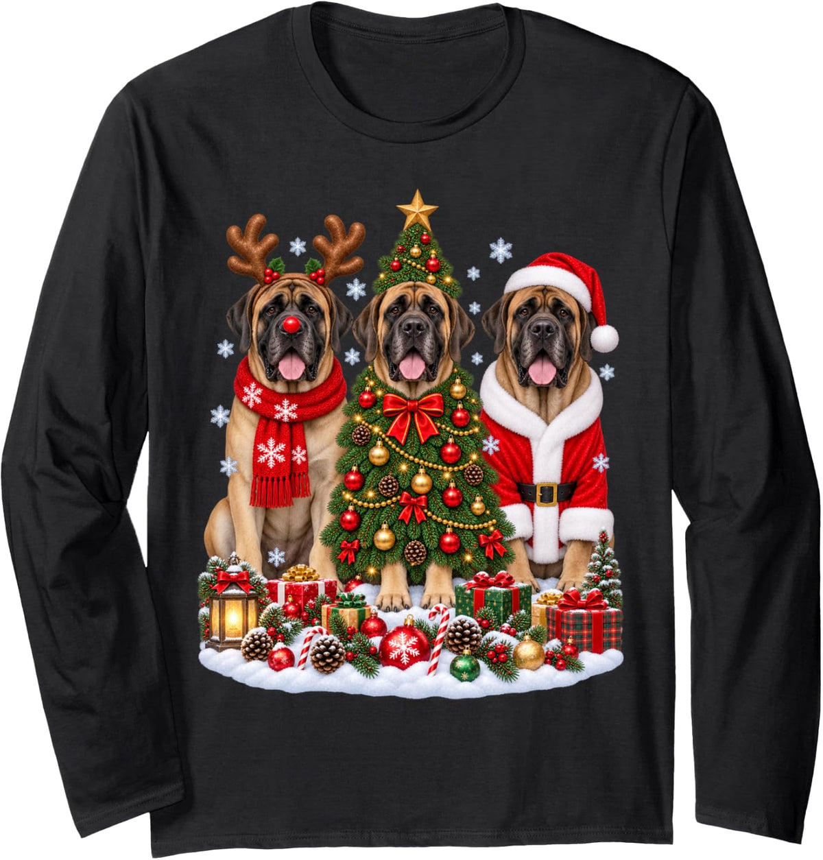 Retro Christmas Mastiff Santa Reindeer Dog Lover Long Sleeve T-Shirt - Adult Unisex Black
