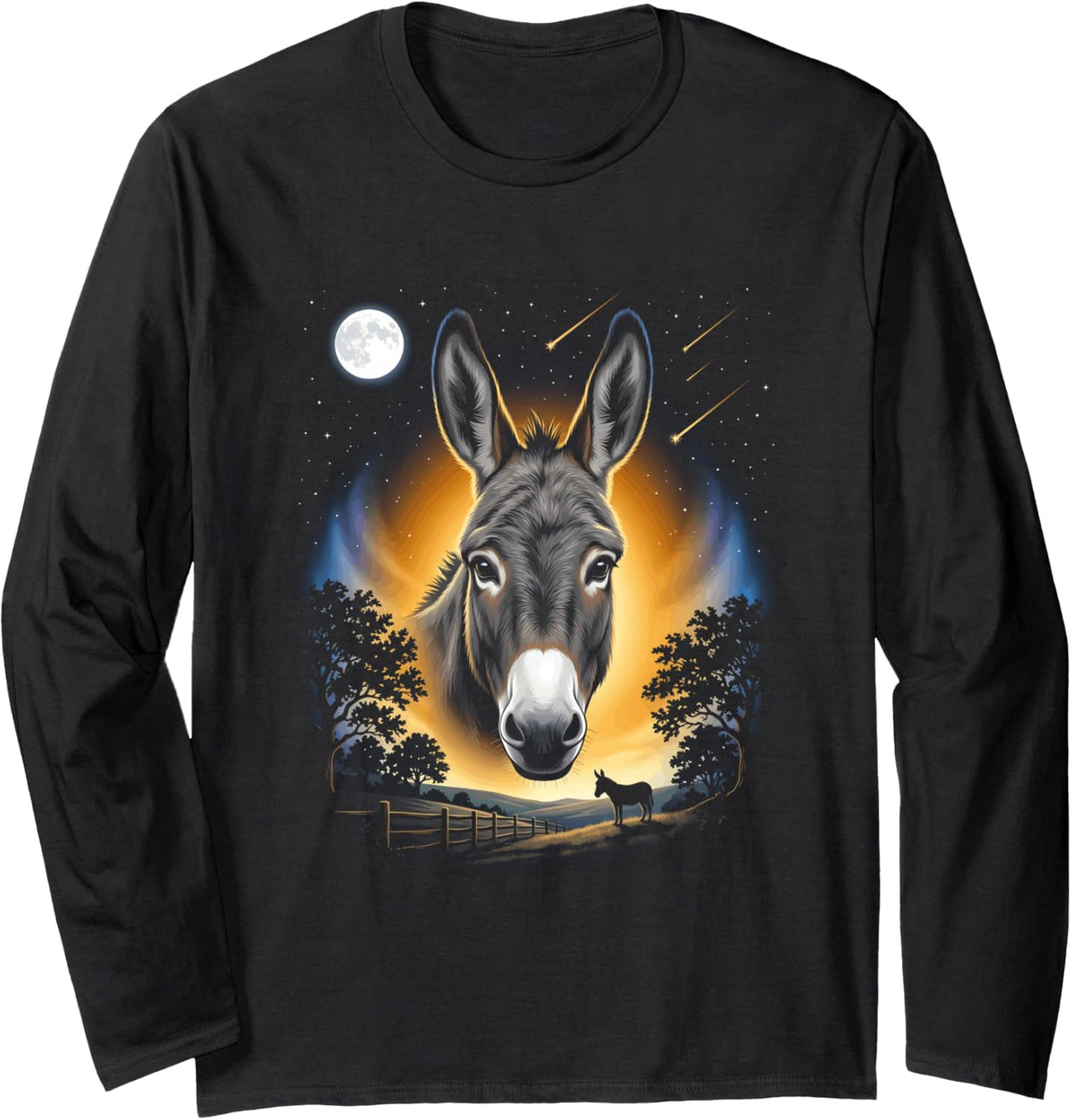 Friendly Donkey Glowing Moon Vintage 90s Country Art Long Sleeve T-Shirt - Adult Unisex Black