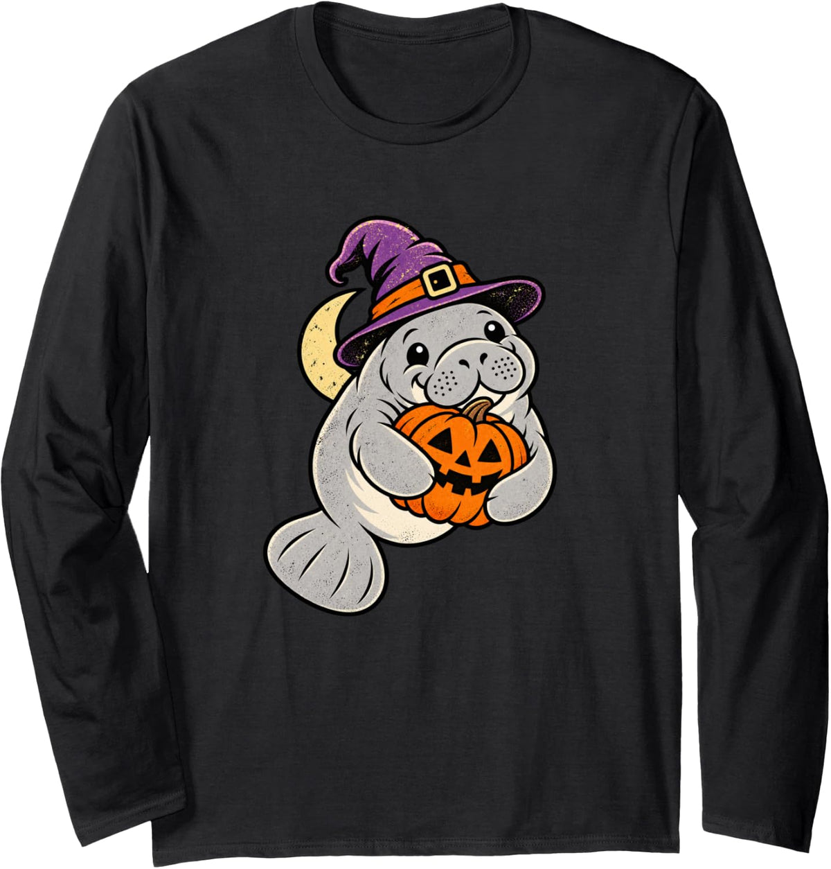 Manatee Witch Pumpkin Halloween Vintage Animal Art Long Sleeve T-Shirt - Adult Unisex Black
