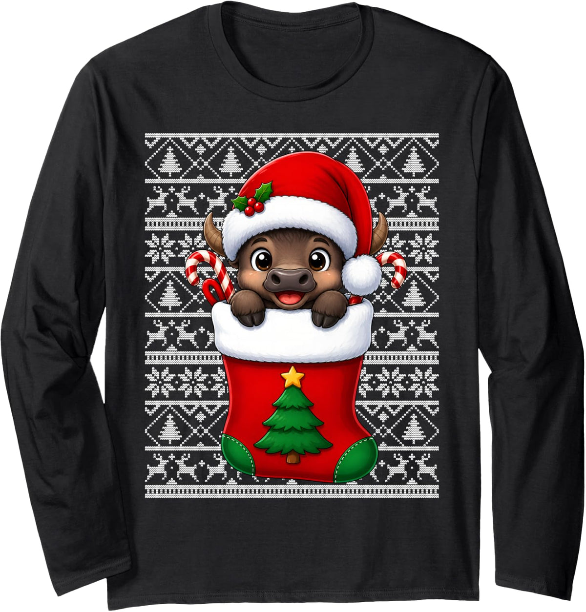 Buffalo in Christmas Socks Cute Animal Holiday Ugly Xmas Long Sleeve T-Shirt - Adult Unisex Black