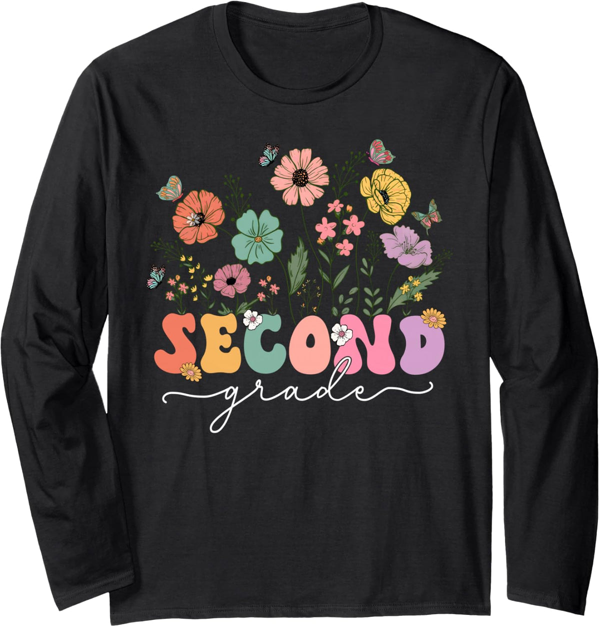 2nd Second Grade Teacher Wildflower Back to School Floral Long Sleeve T-Shirt - Adult Unisex Black