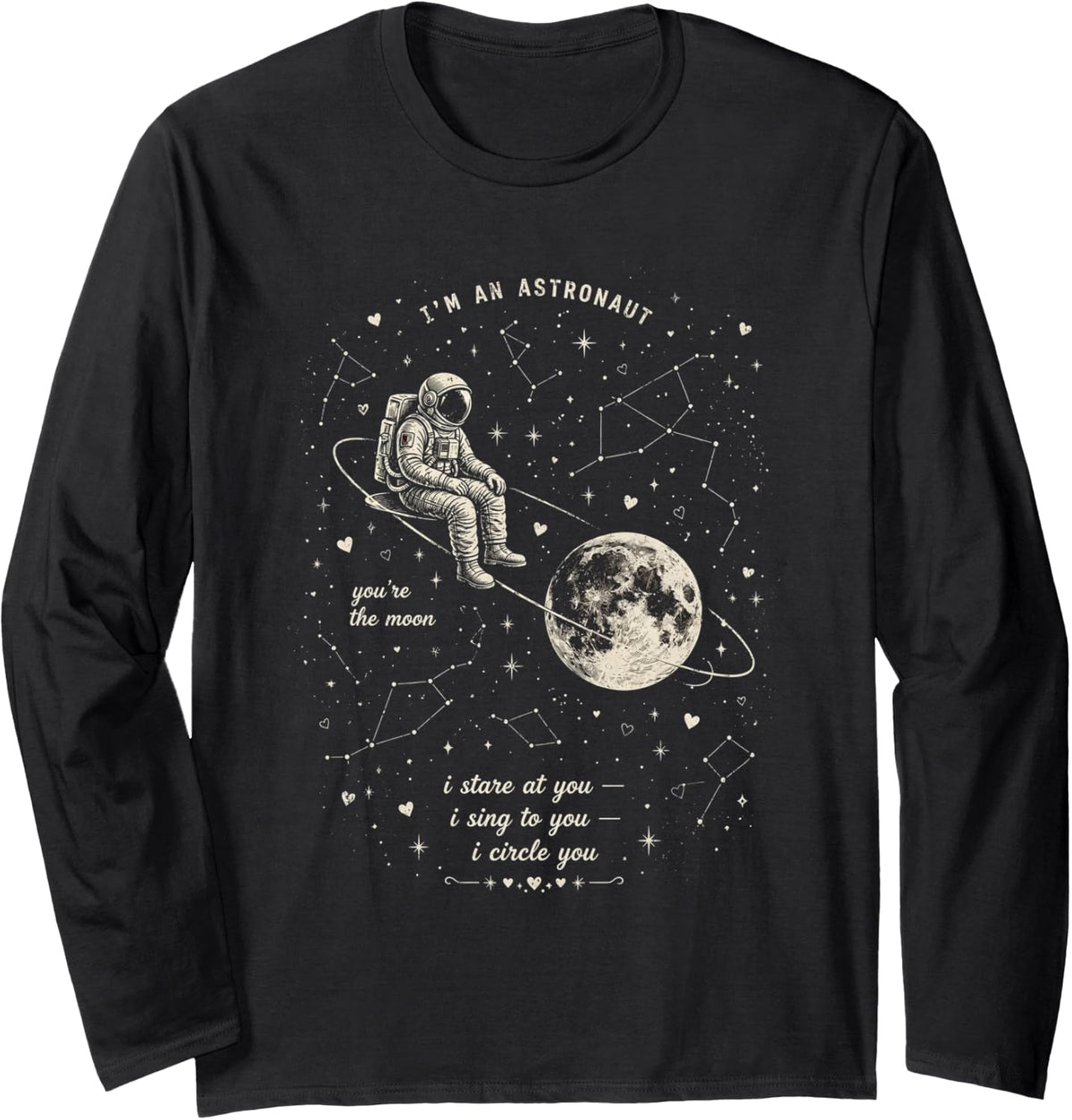 Cute Astronaut Cosmic Love Stars Universe Adventure Long Sleeve T-Shirt - Adult Unisex Black