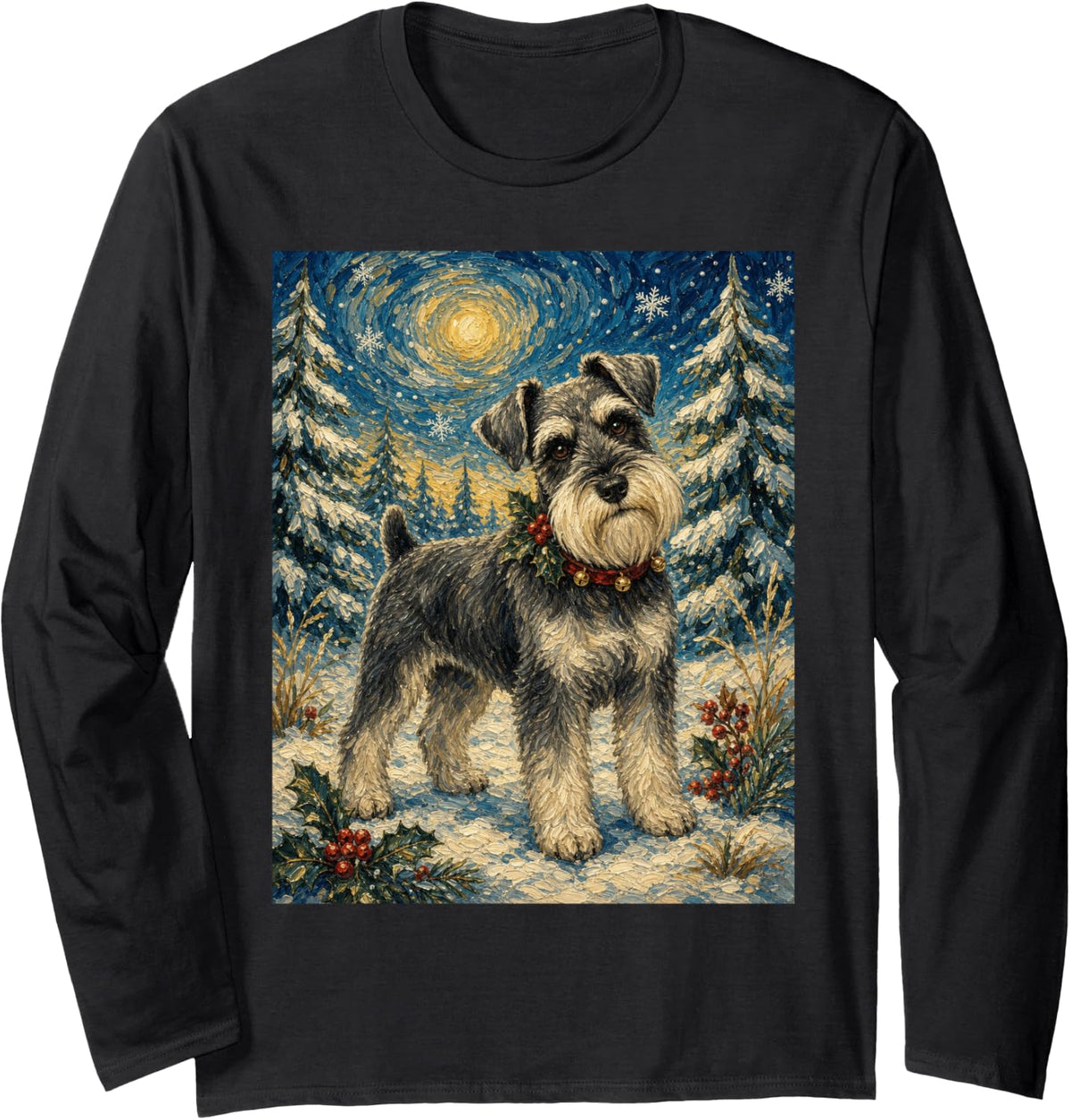 Miniature Schnauzer Dog Christmas Starry Night Winter Long Sleeve T-Shirt - Adult Unisex Black