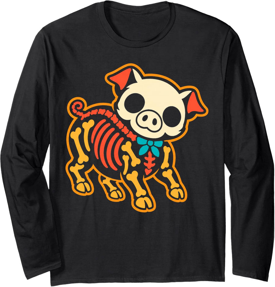 Cute Skeleton Pig Lover Day of the Dead Dia de Los Muertos Long Sleeve T-Shirt - Adult Unisex Black