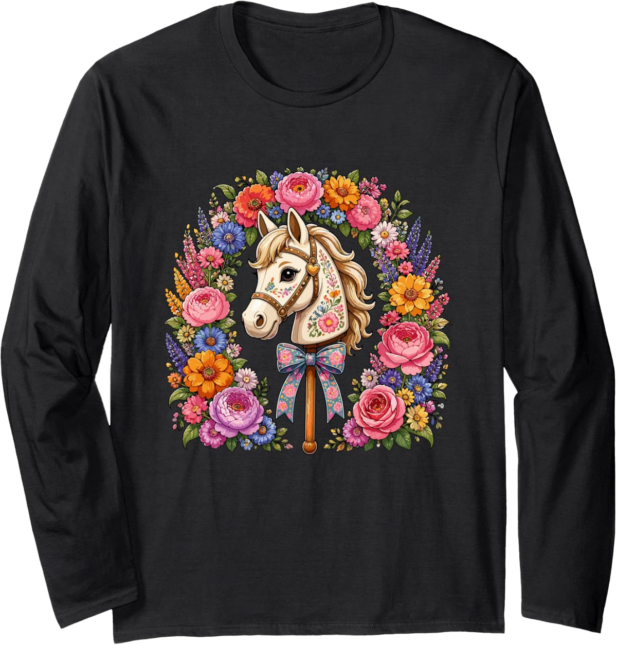 Colorful Horse Flowers Bow Pony Equestrian Long Sleeve T-Shirt - Adult Unisex Black