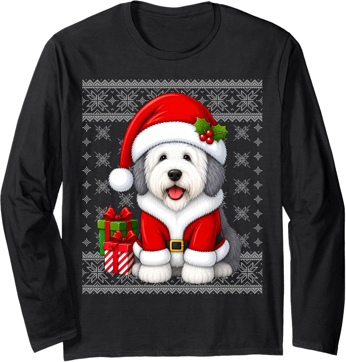 English Sheepdog Christmas Santa Costume Ugly Sweaters Xmas Long Sleeve T-Shirt - Adult Unisex Black