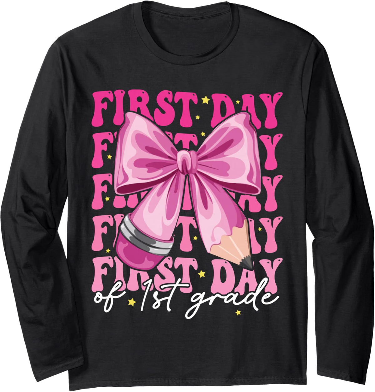 First Day of 1st Grade Girls Coquette Bow Back to School Long Sleeve T-Shirt - Adult Unisex Black