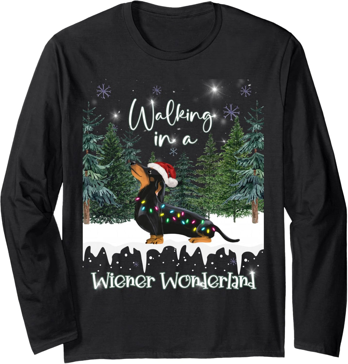 Walking in A Wiener Wonderland Dachshund Long Sleeve T-Shirt - Adult Unisex Black