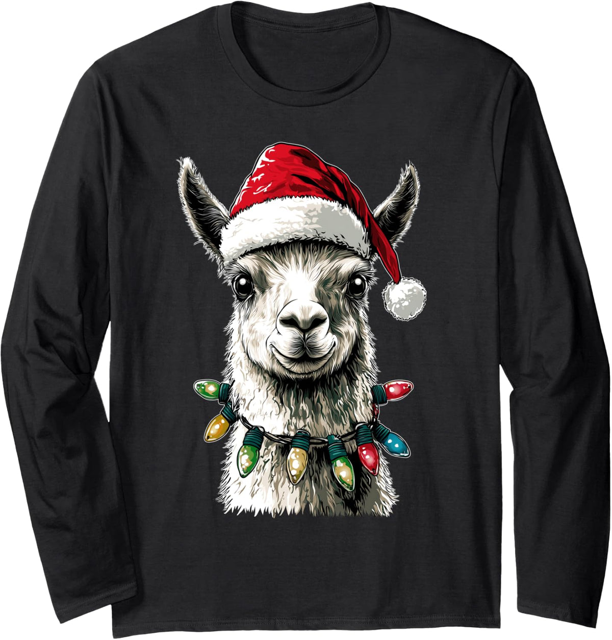 Funny Cute Llama Alpaca Christmas Hat Xmas Long Sleeve T-Shirt - Adult Unisex Black