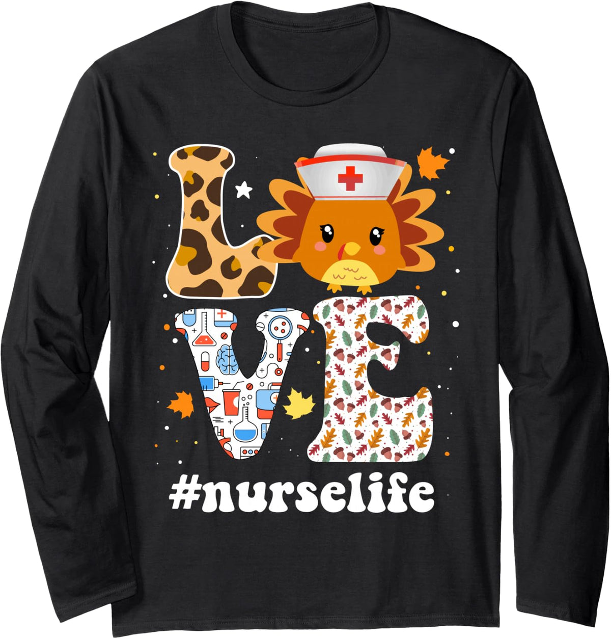 Retro Gobble Gobble Thanksgiving Nurse Life Turkey RN ER Long Sleeve T-Shirt - Adult Unisex Black