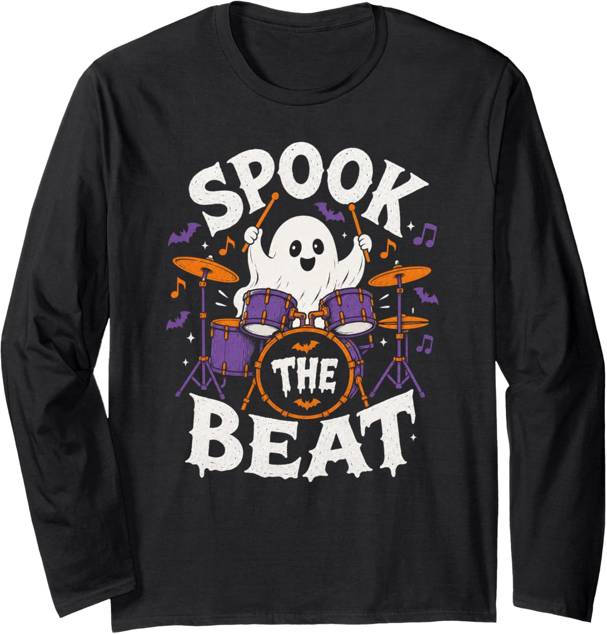 Halloween Drummer Ghost Spook The Beat Long Sleeve T-Shirt - Adult Unisex Black