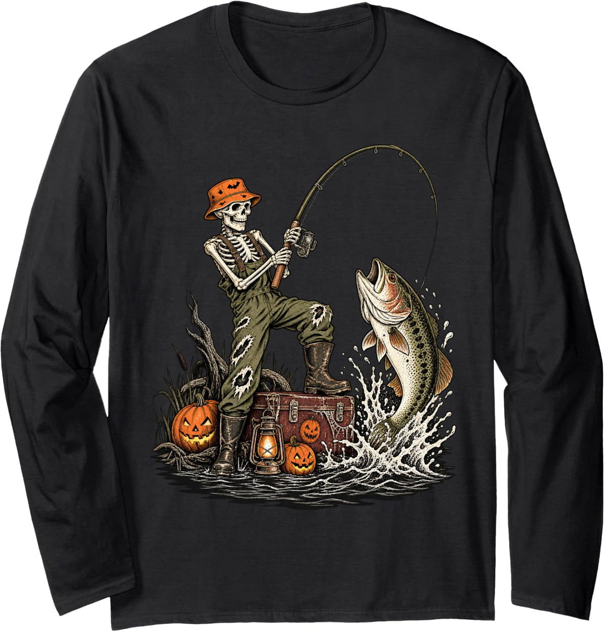 Halloween Skeleton Fishing Angler Bass Fisherman Long Sleeve T-Shirt - Adult Unisex Black