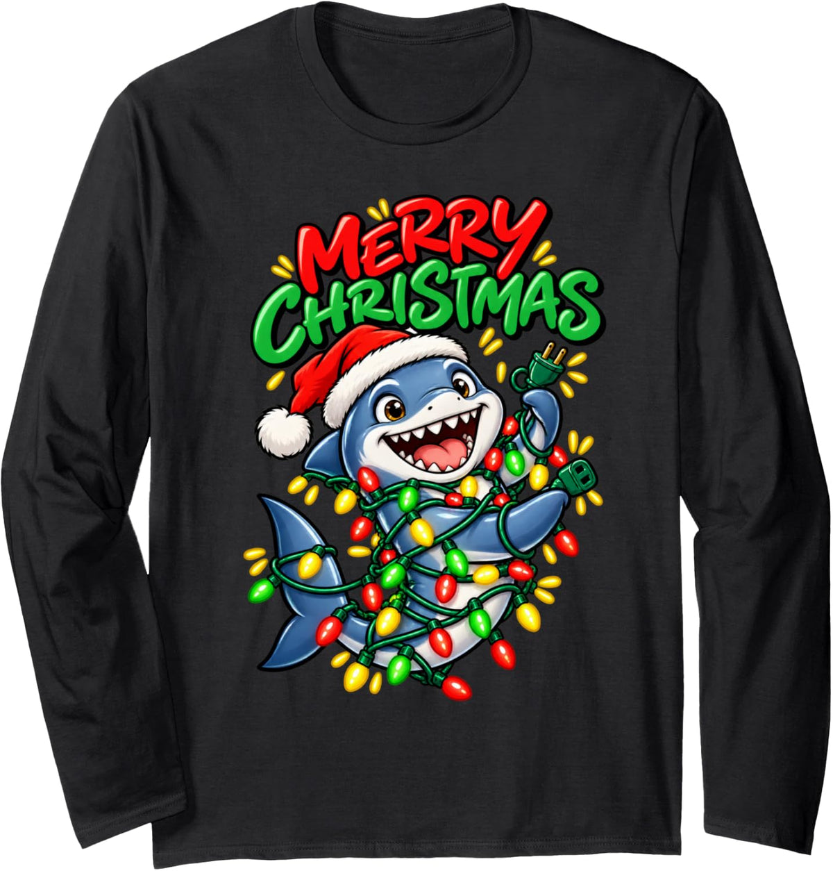 Merry Christmas Happy Shark Cute Christmas Lights Long Sleeve T-Shirt - Adult Unisex Black