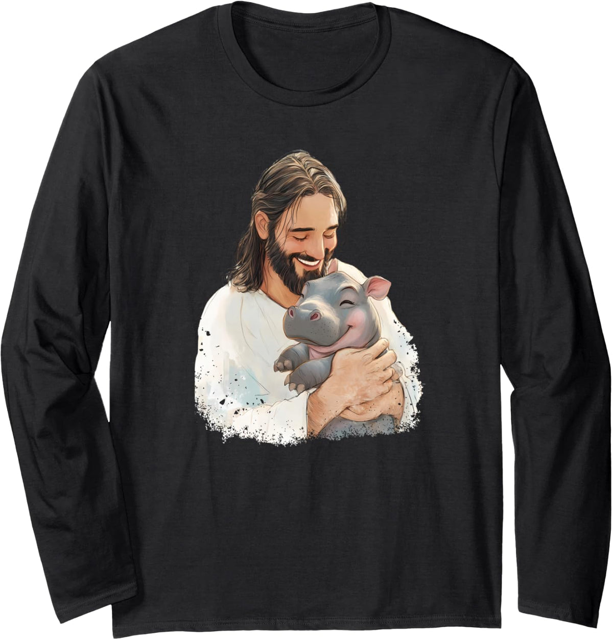 Jesus Loves Moo Deng Bouncy Pig Meme Cute Baby Hippo Long Sleeve T-Shirt - Adult Unisex Black