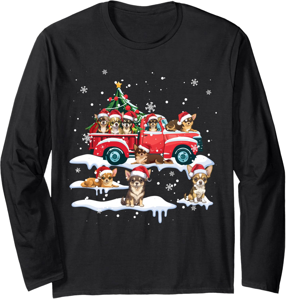 Chihuahua Dog Riding Red Truck Ugly Sweater Merry Christmas Long Sleeve T-Shirt - Adult Unisex Black