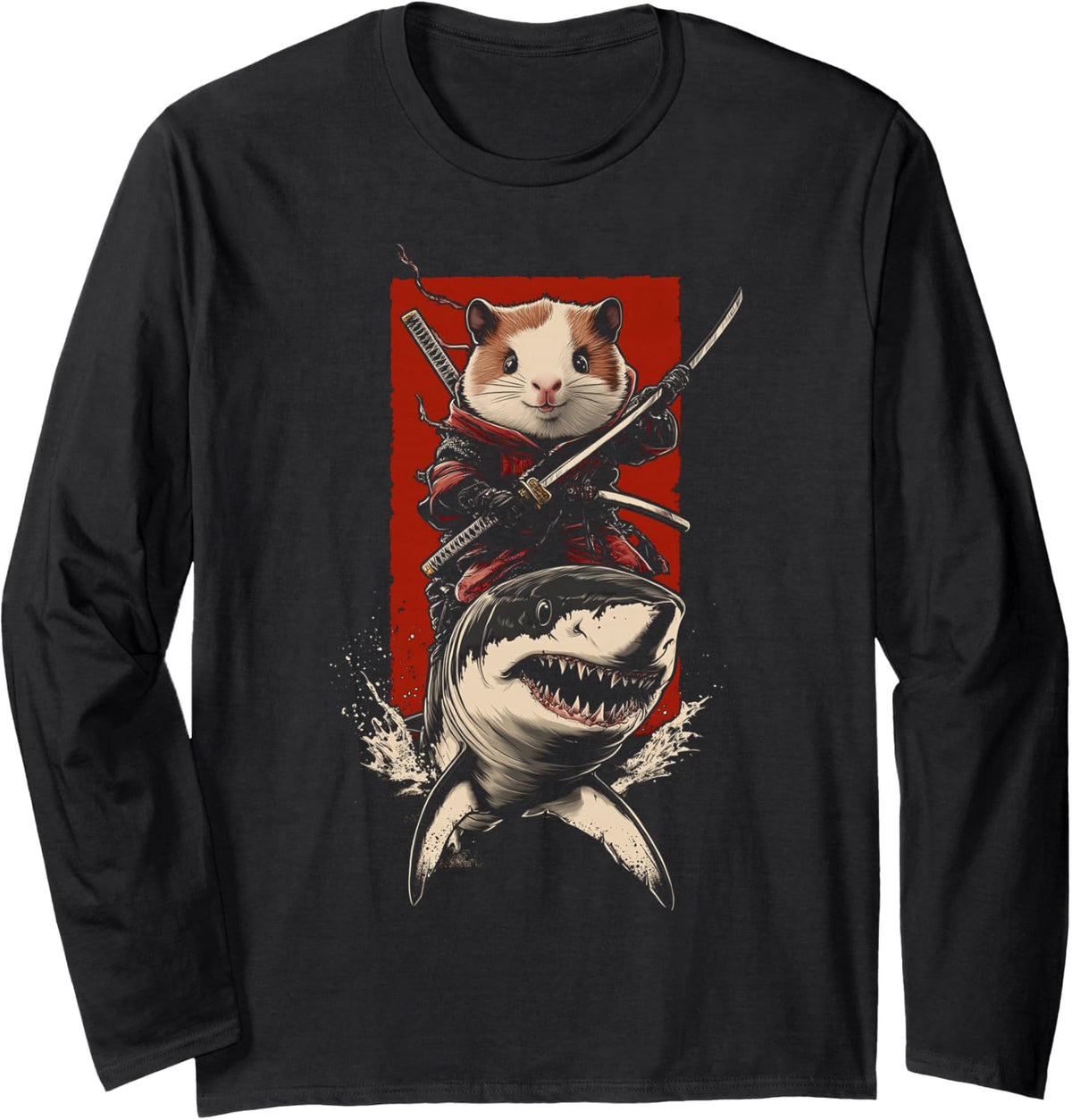 Ninja Guinea Pig Riding Shark Samurai Humor Long Sleeve T-Shirt - Adult Unisex Black