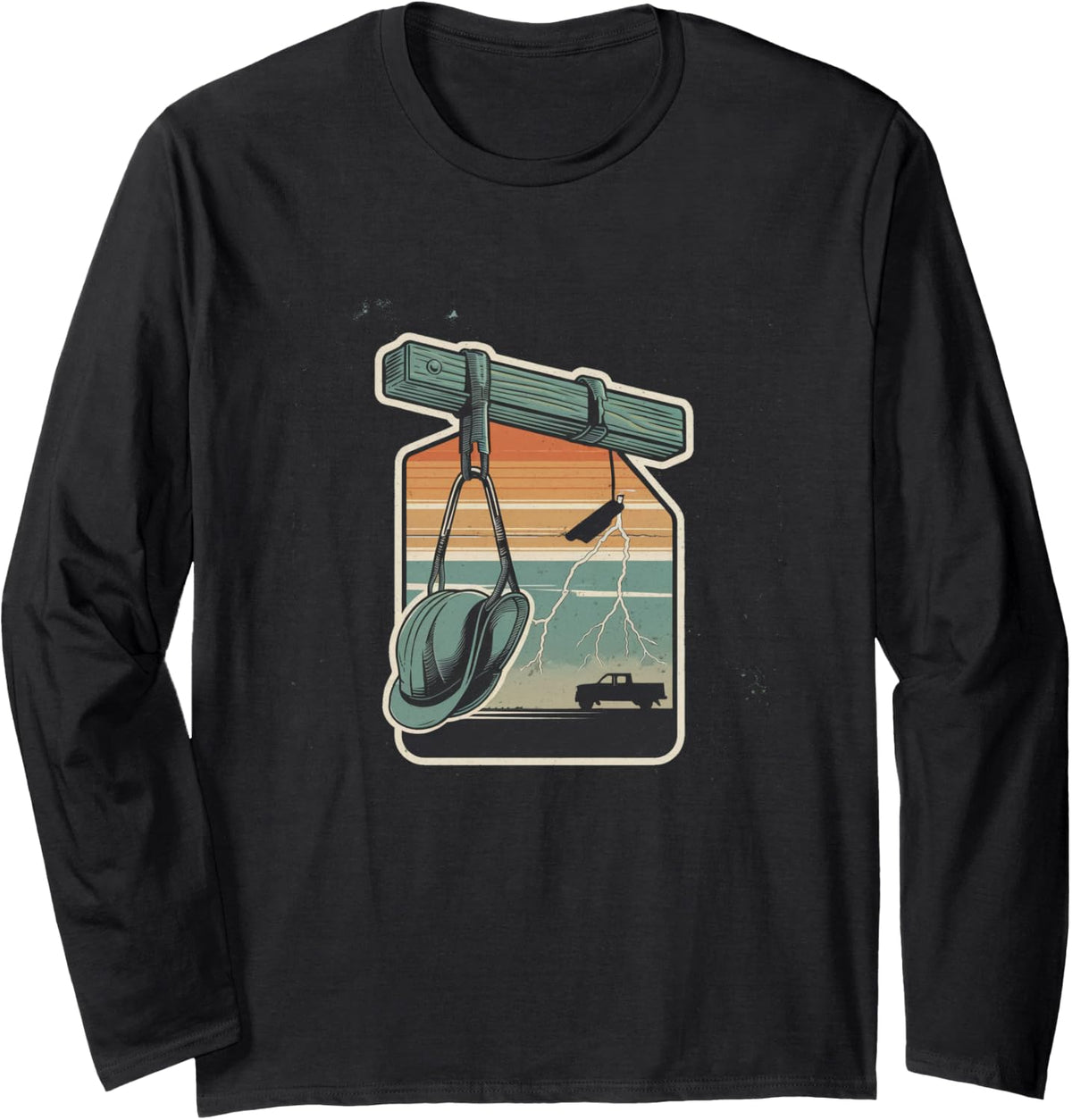 Hanging Up My Hooks Lineman Retirement Illustration Long Sleeve T-Shirt - Adult Unisex Black