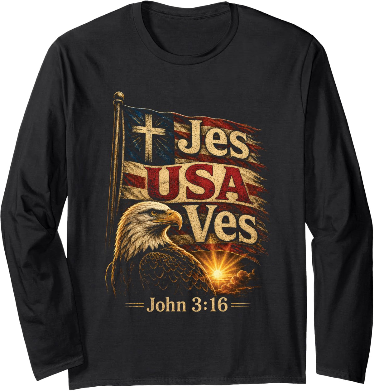 Christian American Bald Eagle JES USA VES John 3:16 Long Sleeve T-Shirt - Adult Unisex Black