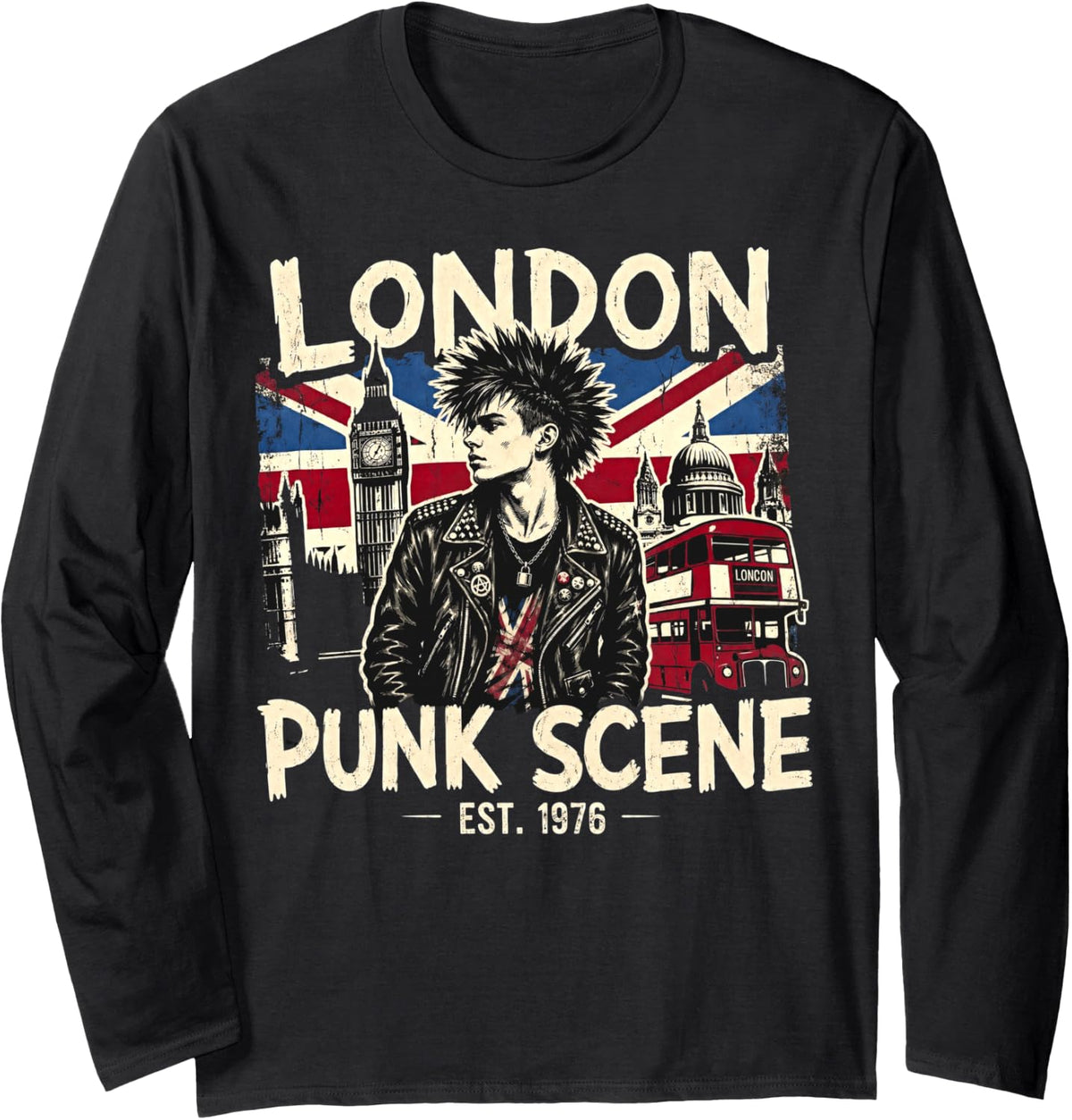 London 'Punk Rock' 1976 s British Travel Vintage Art Long Sleeve T-Shirt - Adult Unisex Black