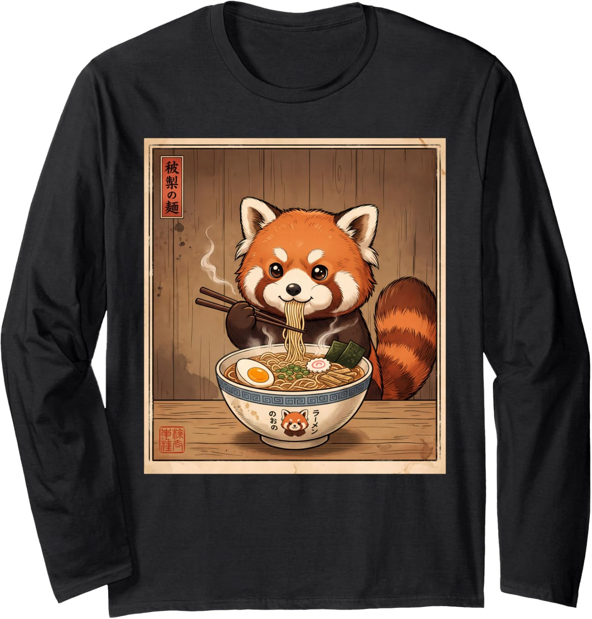 Cute Japanese Red Panda Eating Ramen Asian Food Lover Long Sleeve T-Shirt - Adult Unisex Black