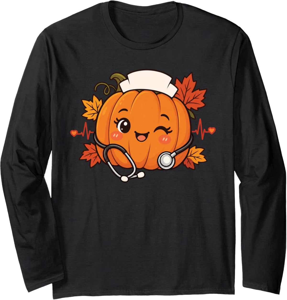 Fall Nurse Pumpkin Stethoscope Cute Women Autumn Shift Fun Long Sleeve T-Shirt - Adult Unisex Black
