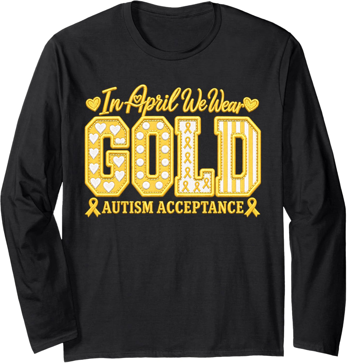 Rainbow Ribbon Autism Acceptance April Graphic Long Sleeve T-Shirt - Adult Unisex Black