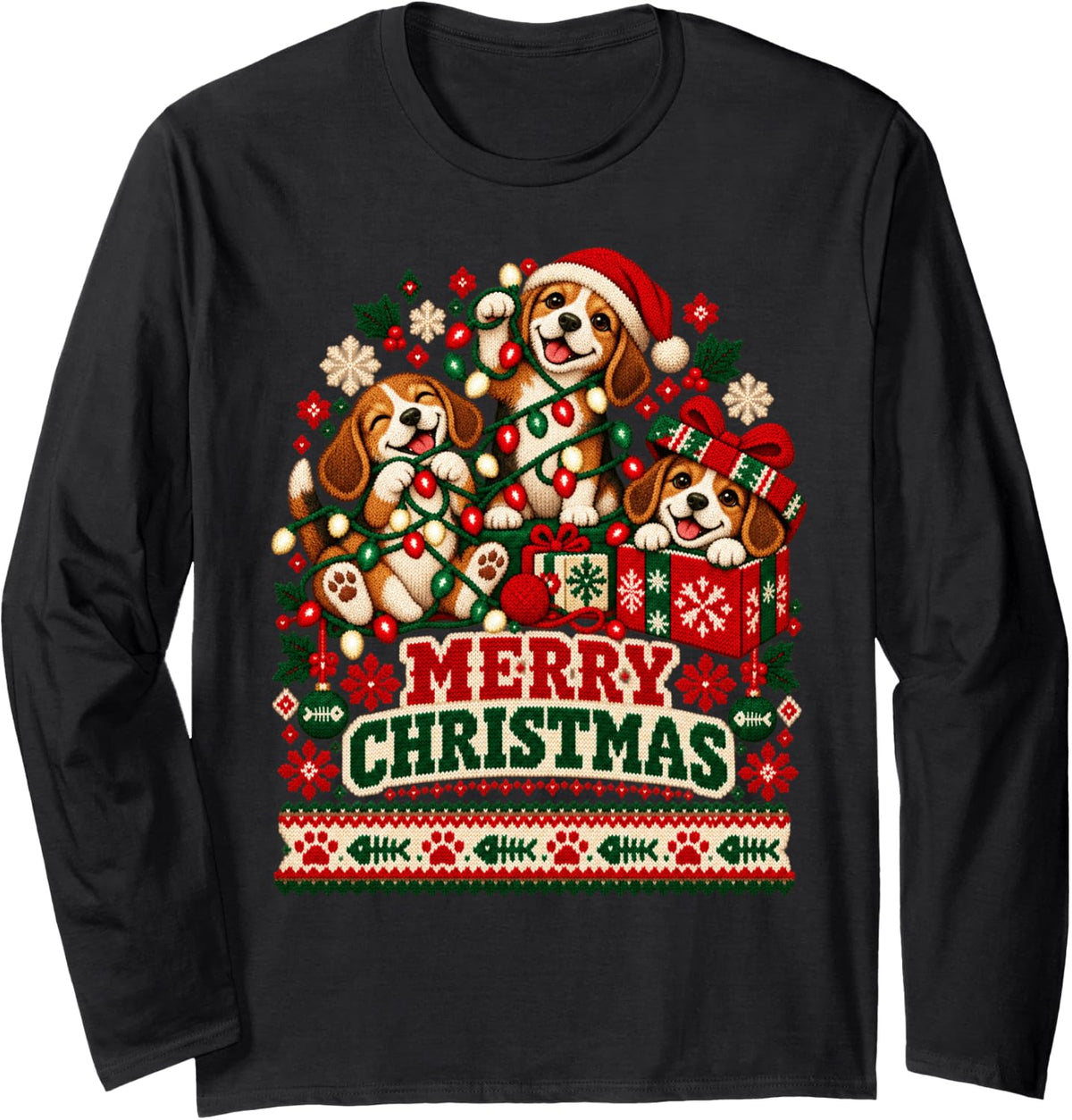 Merry Christmas Beagle Playful Holiday Lights Men Women Long Sleeve T-Shirt - Adult Unisex Black