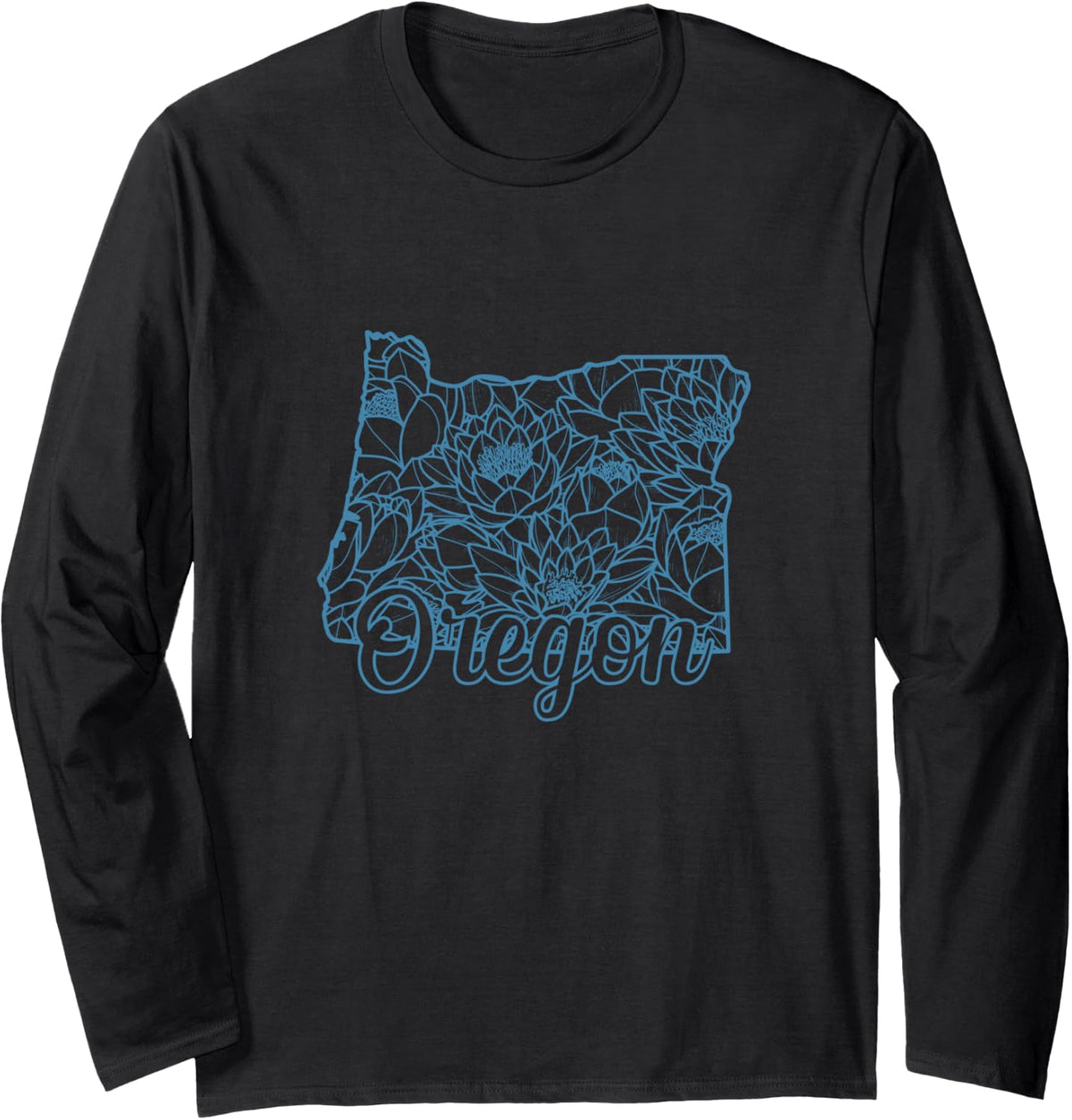 Oregon Flower Pattern in Map Outline USA Long Sleeve T-Shirt - Adult Unisex Black